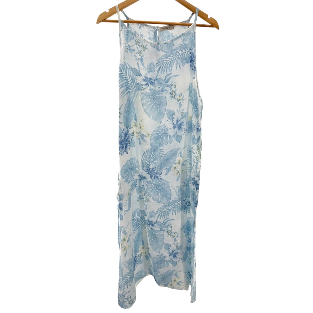 Lungo L'Arno Womens Blue White Tropical Floral Linen Handkerchief Midi Dress L